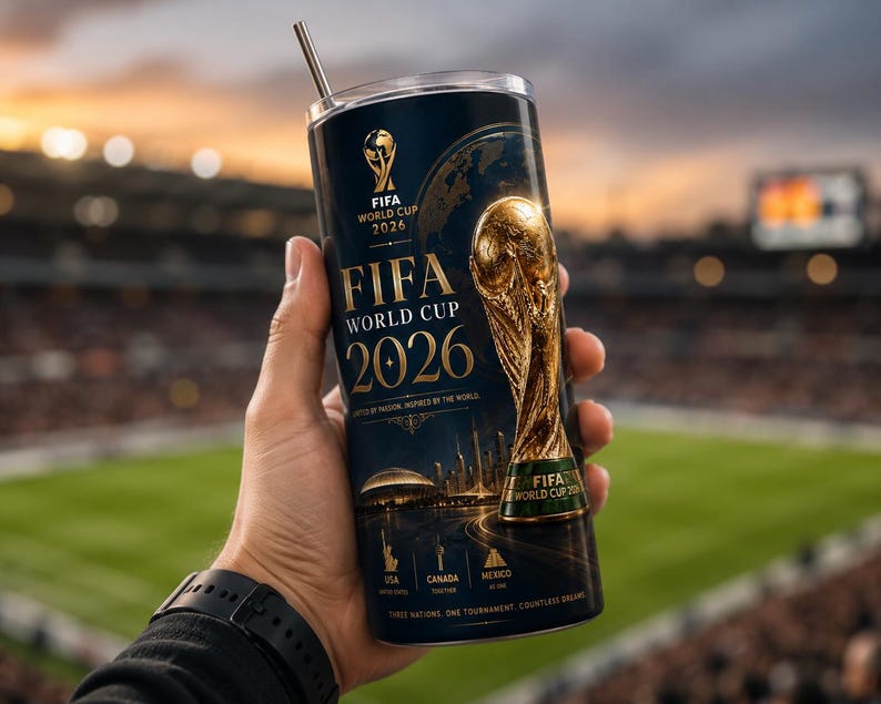 Luxury FIFA World Cup 2026 20oz skinny tumbler mockup held in hand at a soccer stadium during sunset, featuring elegant gold trophy artwork, dark navy premium design, USA Canada Mexico theme, stylish football sublimation wrap PNG, sports fan tumbler design, high-quality digital download with cinematic stadium background.