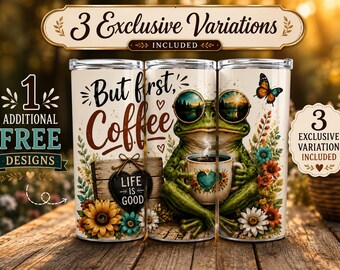 Aber erste Kaffee-Frosch-Becherverpackung PNG, 20 Unzen Skinny Sublimationsdesign, Kaffee-Liebhaber-Geschenk, Blumenästhetik-Kaffeetasse-Verpackung Digitaler Download