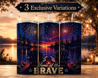 Home of the Brave 20oz Skinny Tumbler Wrap PNG, Patriotic Fireworks Tumbler Design, USA Independence Sublimation, Instant Download