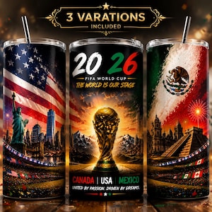 Seamless high-energy stadium-style background for FIFA World Cup 2026 tumbler wrap, featuring dramatic sunset skies, stadium lights, fireworks, celebratory confetti, and iconic landmarks including the Statue of Liberty, CN Tower, and Mexican pyramids. Vibrant, cinematic, and colorful scene with festive patriotic and soccer-themed elements.