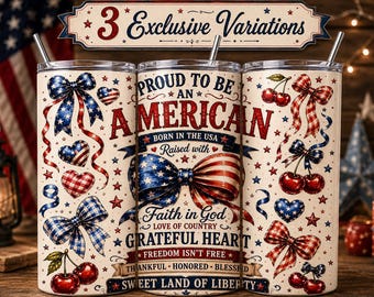 American Patriotic Tumbler Wrap PNG | 20oz Skinny Sublimation Design | USA Flag Bow, Cherries, Coquette Patriotic Cup Wrap Download
