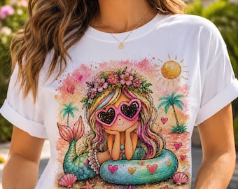 Preppy Mermaid PNG, Beach Girl with Sunglasses Design, Hand drawn Colorful Summer Sublimation Design, Kids T-Shirt Summer Digital Download