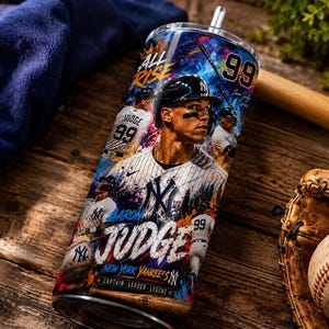 Aaron Judge Yankees 20oz skinny tumbler wrap PNG featuring dynamic baseball artwork, premium sports sublimation design, New York baseball fan gift, digital download for custom tumbler printing, seamless full wrap with stadium background, baseball player collage, vibrant athletic artwork, printable tumbler wrap for baseball lovers, Father's Day gift, sports fan tumbler design.