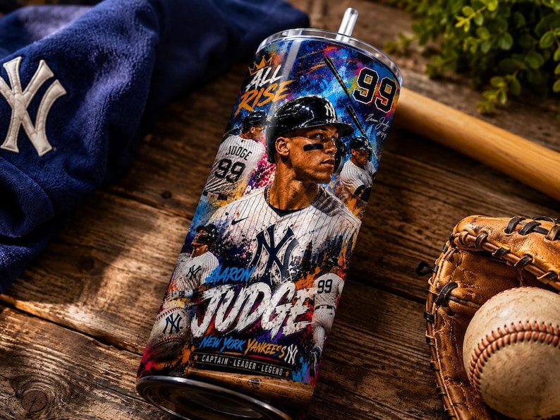 Aaron Judge Yankees 20oz skinny tumbler wrap PNG featuring dynamic baseball artwork, premium sports sublimation design, New York baseball fan gift, digital download for custom tumbler printing, seamless full wrap with stadium background, baseball player collage, vibrant athletic artwork, printable tumbler wrap for baseball lovers, Father's Day gift, sports fan tumbler design.