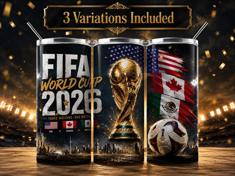FIFA World Cup 2026 luxury tumbler wrap mockup with 3 seamless 20oz skinny tumblers featuring elegant gold football trophy artwork, USA Canada Mexico flags, dark navy and gold premium sports design, stylish “3 Variations Included” banner, stadium lights background, high quality sublimation PNG, soccer fan tumbler wrap digital download.