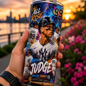 Aaron Judge Yankees 20oz skinny tumbler wrap PNG featuring dynamic baseball artwork, premium sports sublimation design, New York baseball fan gift, digital download for custom tumbler printing, seamless full wrap with stadium background, baseball player collage, vibrant athletic artwork, printable tumbler wrap for baseball lovers, Father's Day gift, sports fan tumbler design.
Aaron Judge, Yankees PNG, 20oz Tumbler, Baseball Wrap, Sublimation PNG, Sports Fan Gift, NY Yankees, Fan Drinkware