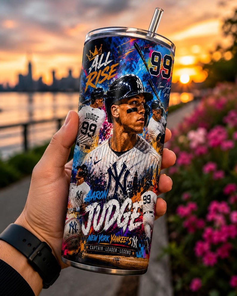 Aaron Judge Yankees 20oz skinny tumbler wrap PNG featuring dynamic baseball artwork, premium sports sublimation design, New York baseball fan gift, digital download for custom tumbler printing, seamless full wrap with stadium background, baseball player collage, vibrant athletic artwork, printable tumbler wrap for baseball lovers, Father's Day gift, sports fan tumbler design.
Aaron Judge, Yankees PNG, 20oz Tumbler, Baseball Wrap, Sublimation PNG, Sports Fan Gift, NY Yankees, Fan Drinkware