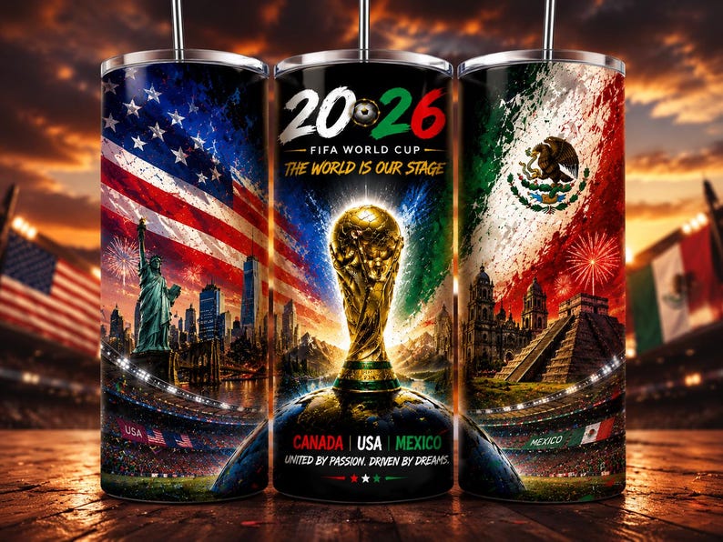 Photorealistic mockup of three 20oz stainless steel tumblers side by side, featuring a continuous FIFA World Cup 2026 seamless design. Includes USA, Canada, and Mexico flag-themed elements, World Cup trophy, stadium lights, fireworks, and iconic landmarks. Styled for promotional with vibrant colors and cinematic background