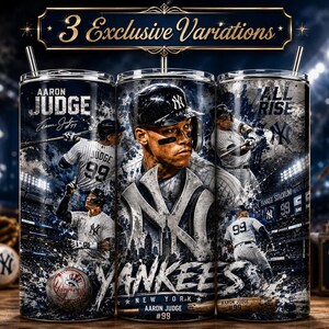 Aaron Judge Yankees 20oz skinny tumbler wrap PNG featuring dynamic baseball artwork, premium sports sublimation design, New York baseball fan gift, digital download for custom tumbler printing, seamless full wrap with stadium background, baseball player collage, vibrant athletic artwork, printable tumbler wrap for baseball lovers, Father's Day gift, sports fan tumbler design.