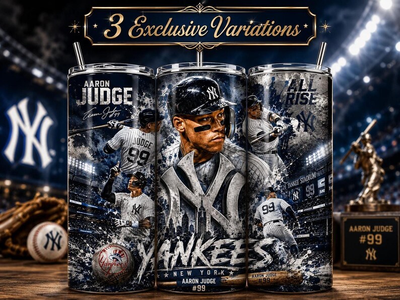 Aaron Judge Yankees 20oz skinny tumbler wrap PNG featuring dynamic baseball artwork, premium sports sublimation design, New York baseball fan gift, digital download for custom tumbler printing, seamless full wrap with stadium background, baseball player collage, vibrant athletic artwork, printable tumbler wrap for baseball lovers, Father's Day gift, sports fan tumbler design.