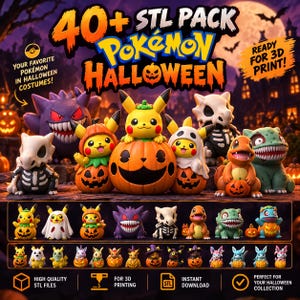 以下が含まれることがあります： ハロウィンをテーマにしたポケモン3Dプリント用STLファイル40種類以上のデジタルコレクション。画像には、ピカチュウ、ゲンガー、フシギダネなどのキャラクターが仮装し、カボチャと一緒に不気味な夜の背景に配置されている様子が描かれています。