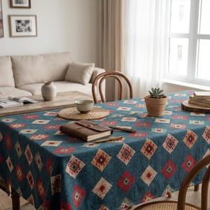 Pode incluir: Uma toalha de mesa turquesa com um padrão geométrico de losangos vermelhos, brancos e laranja cobre uma mesa de madeira. Um diário encadernado em couro, uma caneta e uma pequena planta em vaso estão sobre a mesa. Duas cadeiras de madeira estão em primeiro plano.