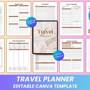 May include: A set of printable travel planner templates, including daily itineraries, packing lists, and budget planners. The templates are in a neutral colour scheme with brown and white accents. The image also includes a tablet with the words "Travel Planner".