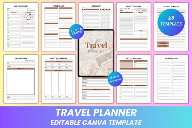 May include: A set of printable travel planner templates, including daily itineraries, packing lists, and budget planners. The templates are in a neutral colour scheme with brown and white accents. The image also includes a tablet with the words "Travel Planner".