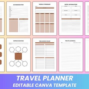 May include: A travel planner template featuring pages for accommodation, weekly itinerary, and research. The design uses a white background with brown details. The text "TRAVEL PLANNER EDITABLE CANVA TEMPLATE" is displayed at the bottom of the image.