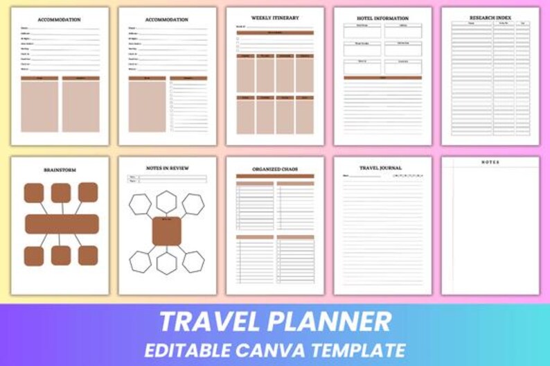 May include: A travel planner template featuring pages for accommodation, weekly itinerary, and research. The design uses a white background with brown details. The text "TRAVEL PLANNER EDITABLE CANVA TEMPLATE" is displayed at the bottom of the image.