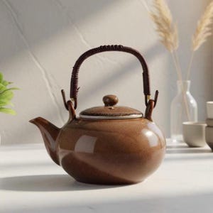 May include: A brown ceramic teapot with a woven handle and a matching lid. The teapot has a rounded body and a spout for pouring. The handle is made of a dark brown material. The teapot is sitting on a white surface.