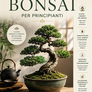 May include: A bonsai tree in a ceramic pot is the focal point of this image. The tree has a curved trunk and lush green foliage. The image is a book cover with the title "Bonsai for Beginners" in large letters.