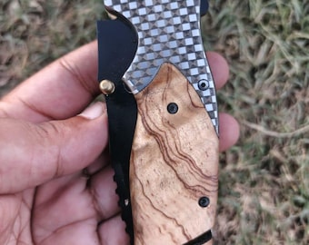 Handmade Folding Knive with Wooden Handle | Black Steel Blade Pocket Knife | Custom EDC Hunting Knife Gift for Men