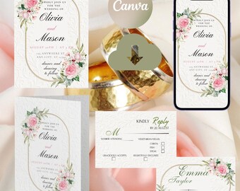 Floral Wedding Invitation Suite, Editable Canva Template (Digital Download)