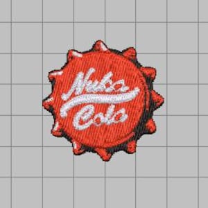 May include: Embroidered patch featuring the Nuka Cola logo. The patch is circular with a red background and a white, stylized "Nuka Cola" script. The design resembles a bottle cap with a jagged edge.