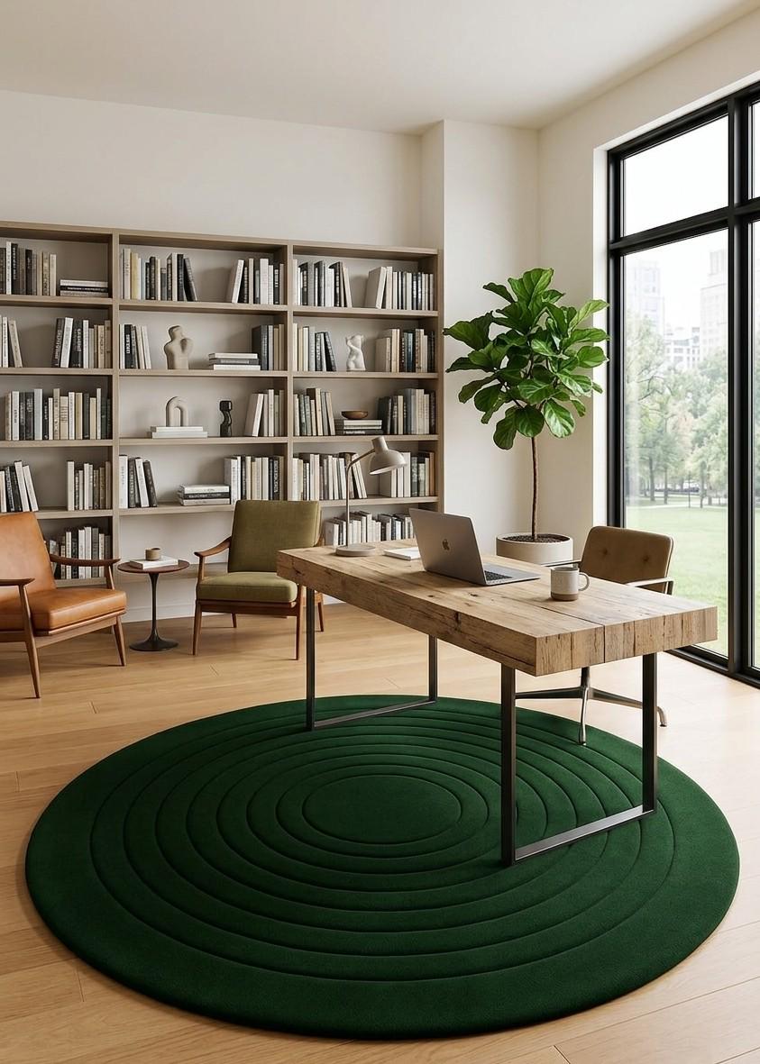 Hand-tufted Wool Area Rug - Large Round Forest Green Office Carpet