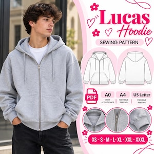 May include: A light gray zip-up hoodie with a drawstring hood and front pockets. The digital sewing pattern includes text reading Lucas Hoodie, PDF, A0, A4, US Letter, and sizes XS through XXXL, featuring technical line drawings of the garment.