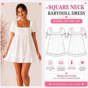 May include: A white babydoll dress with a square neckline and short puff sleeves featuring tie details. The image includes a technical sewing pattern illustration with the text SQUARE NECK BABYDOLL DRESS, SEWING PATTERN PDF, and SIZES XS TO 5XL, noting a 1 cm seam allowance.