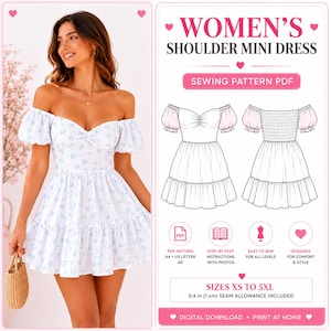 Könnte beinhalten: Ein weißes Minikleid mit blauem Blumenmuster, schulterfreien Puffärmeln und herzförmigem Ausschnitt. Das Bild enthält eine technische Schnittmusterzeichnung für das Kleid mit der Aufschrift Women's Shoulder Mini Dress, Sewing Pattern PDF.