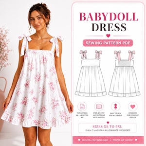 Op de afbeelding: Een witte babydoll-jurk met een roze bloemenpatroon, voorzien van schouderstrikken en een geplooide zoom. De afbeelding bevat een digitale naaipatroongids met technische schetsen, tekstlabels en maten van XS tot 5XL.