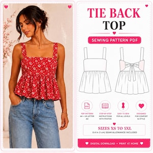 May include: A red floral print peplum top with wide straps and a tie-back design. The image includes a sewing pattern PDF guide with technical line drawings, text labels for sizes XS to 5XL, and a note stating 0.4 in seam allowance included.