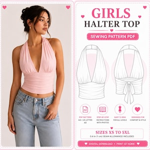 May include: A digital sewing pattern for a girls halter top, featuring a light pink halter top with a deep V-neckline and a tie-back closure. The document includes technical line drawings, PDF format details, and a 1 cm seam allowance.