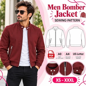 May include: A sewing pattern for a bomber jacket featuring a maroon jacket with a stand collar, silver zipper, and side pockets. The graphic includes technical line drawings of the front and back, PDF format icons, and size range XS-XXXL.