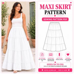 Może przedstawiać: Cyfrowy wykroj krawiecki na białą warstwową spódnicę maxi. Obraz zawiera tekst MAXI SKIRT PATTERN, SEWING PATTERN PDF, SIZES XS TO 5XL oraz 1 cm SEAM ALLOWANCE INCLUDED. Zawiera techniczny rysunek liniowy spódnicy.