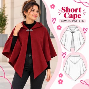 May include: A deep red hooded short cape with a silver filigree clasp. The image includes text reading Short Cape SEWING PATTERN and two white line-art technical sketches showing the front and back views of the garment design.