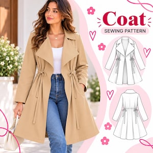 May include: A beige coat with a wide collar, long sleeves, and a drawstring waist, worn over a white top and blue jeans. The image includes text reading Coat SEWING PATTERN and technical line drawings of the coat front and back views.