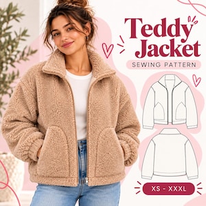 Peut inclure: Une veste teddy beige avec un col montant, des manches longues et des poches avant. L'image contient le texte Teddy Jacket SEWING PATTERN et XS - XXXL, ainsi que deux dessins au trait noir et blanc montrant les vues avant et arrière.