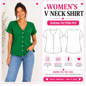 Może przedstawiać: Zielona koszula z dekoltem w serek, krótkimi rękawami i zapięciem na guziki. Obraz zawiera techniczny rysunek liniowy koszuli, tekst WOMEN'S V NECK SHIRT SEWING PATTERN PDF oraz informacje o rozmiarach od XS do 4XL i cyfrowym pobieraniu wzoru.