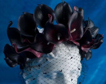Black lily crown, latex flowers crown, Black veil crown, gothic wedding headdress