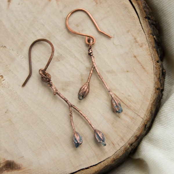 Tiny natural flower blossoms electroformed copper earrings with aquamarine