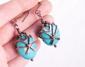 Turquoise largeoval beads wire wrapped solid copper errrings