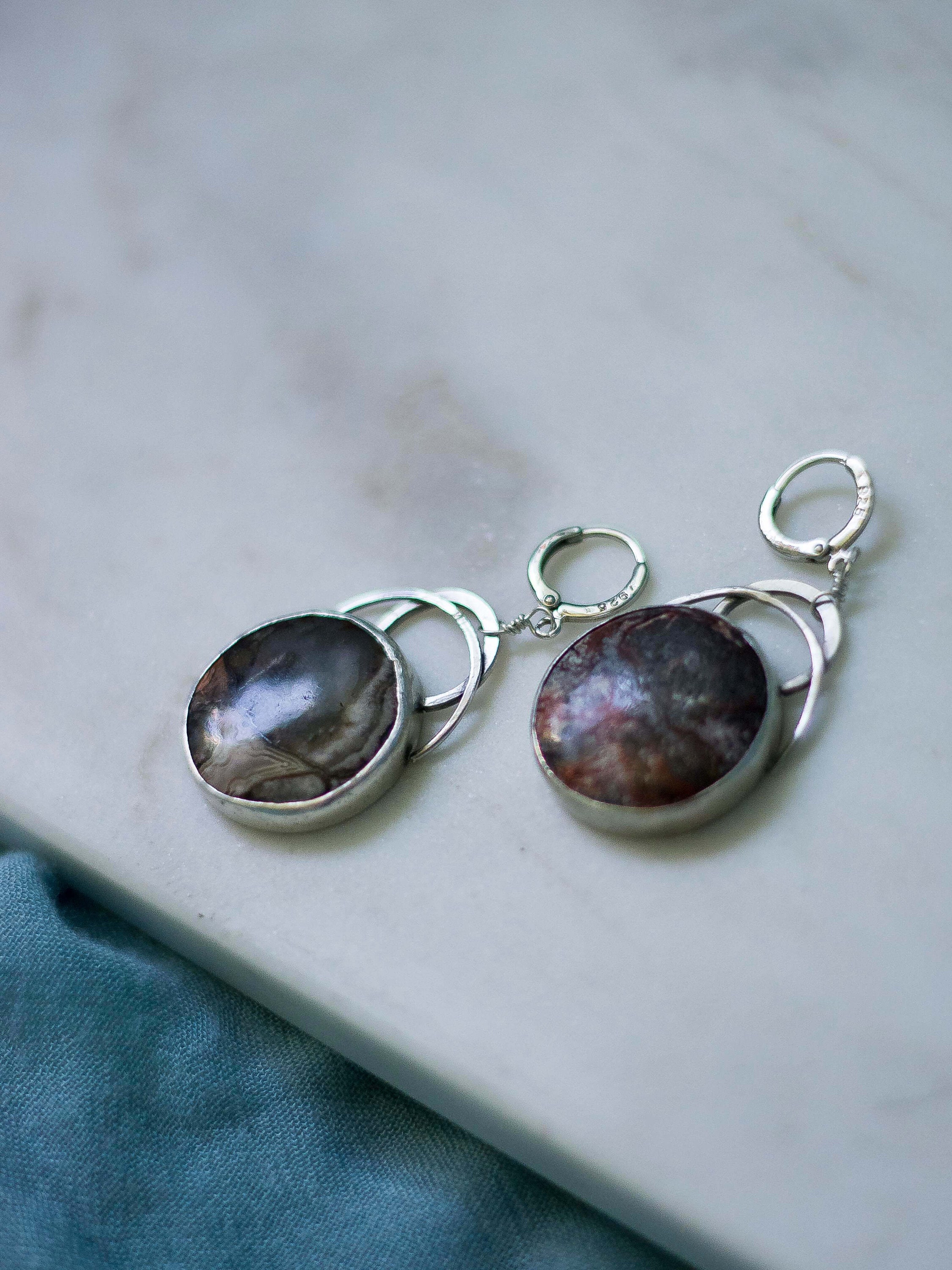 River lace agate circular earrings Full moon earrings Agate | Etsy