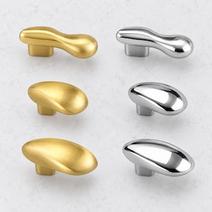 Organic Brass Cabinet Knob, Wavy or Teardrop Drawer Pull, Gold or Silver Single Hole Hardware for Dresser Wardrobe Cupboard