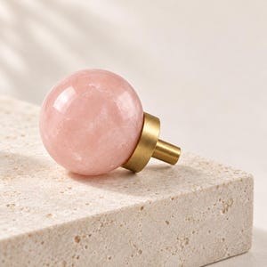 Crystal Cabinet Knob, Brass Drawer Hardware, Round Stone Furniture Accent, Rose Quartz White Crystal or Natural Turquoise