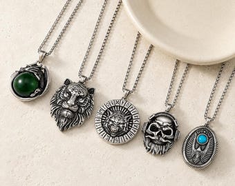 Collana con ciondolo a forma di drago, leone, lupo, teschio o aquila, catena color argento da 60 cm, regalo simbolico e audace.