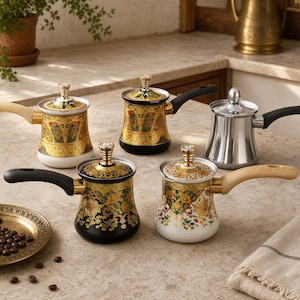 May include: Five coffee pots with handles and lids. Four pots feature intricate gold, black, and white floral patterns with crystal-topped lids. One pot is plain polished silver with a black handle. The pots have varying handle colors.