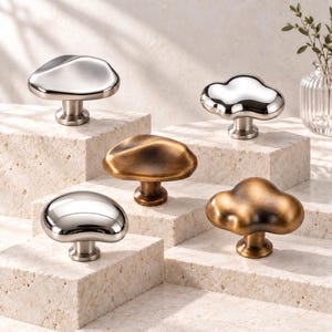 May include: A collection of five cabinet knobs in various metallic finishes including brushed silver, polished chrome, and antique brass. Each knob features a unique, organic, irregular shape with a smooth surface and a central cylindrical base.