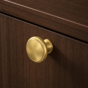Peut inclure: Un bouton de placard circulaire avec une finition dorée brossée et une face lisse et arrondie. Le bouton présente un disque central entouré d'un bord extérieur légèrement surélevé, monté sur une base cylindrique fixée sur une surface en bois brun.
