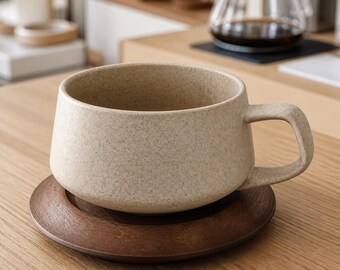 Rustic Ceramic Coffee Cup with Bamboo Saucer, Low Wide Speckled Mug, Optional Gold Spoon, Vintage Tea Cup Gift