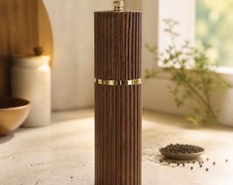 Ribbed Wooden Pepper Grinder, Adjustable Ceramic Spice Mill, Dark Walnut or Natural Wood, Single, Pair or Holder Set